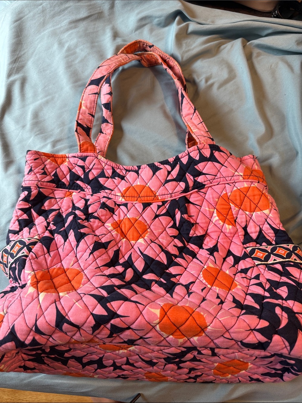 Quilted Pink Floral Vera Bradley Tote Bag with Orange Accents